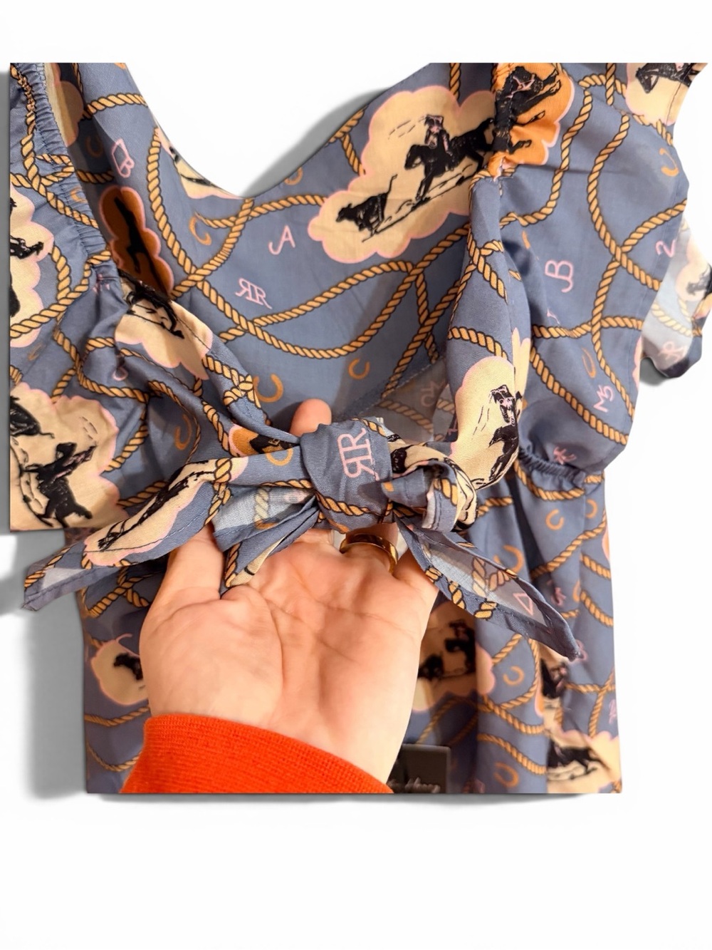 Women's Slate Blue Equestrian Print Ruffle Tank Top - Picture 3 of 5